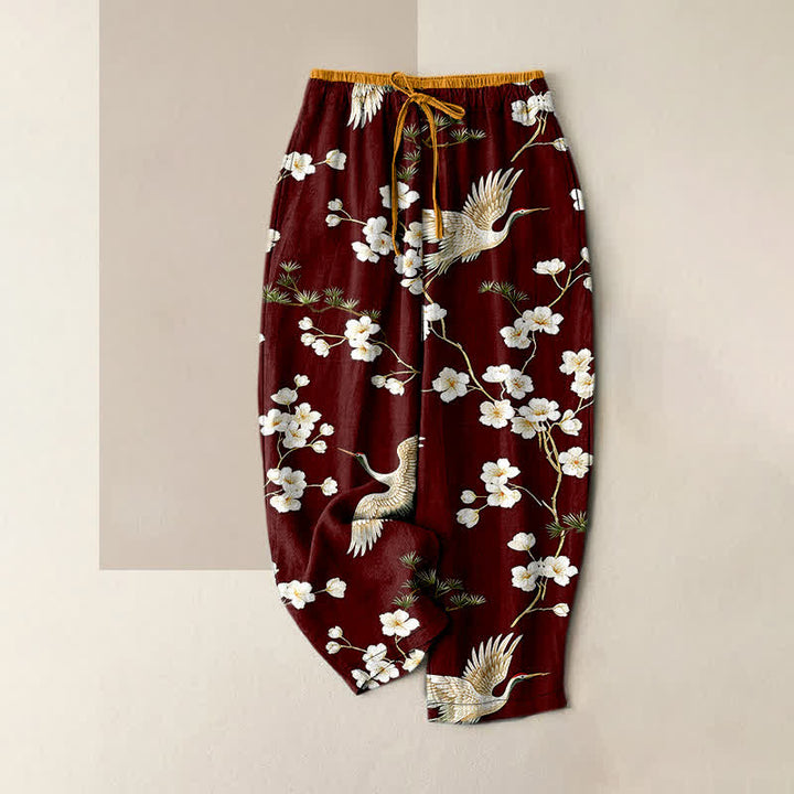 Buddha Stones Pantalon pour femme en pur coton à motif de fleurs de prunier et taille élastique, avec poches - SaddleBrown - US16，UK/AU20，EU48 (3XL) - image 8