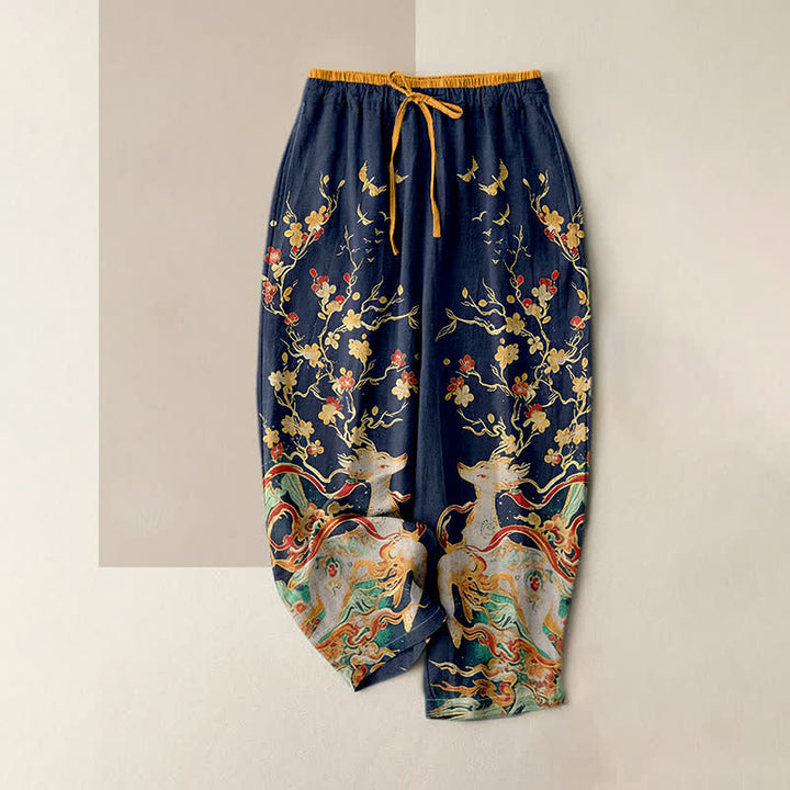 Buddha Stones Pantalon femme en pur coton à cordon de serrage, motif fleurs de prunier et cerf, avec poches - Bleu nuit - US16，UK/AU20，EU48 (3XL) - image 0