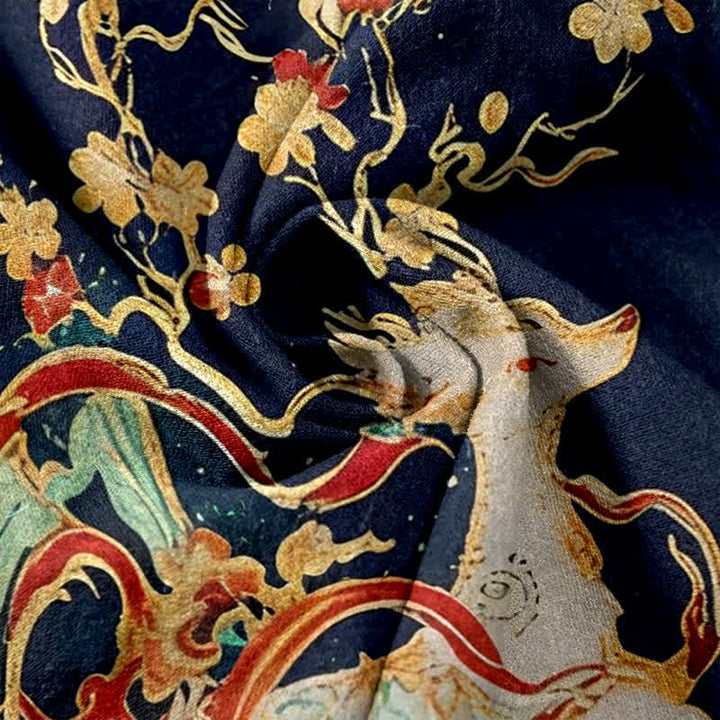 Buddha Stones Pantalon femme en pur coton à cordon de serrage, motif fleurs de prunier et cerf, avec poches - image 2
