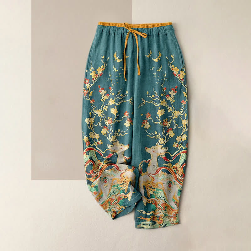 Buddha Stones Pantalon femme en pur coton à cordon de serrage, motif fleurs de prunier et cerf, avec poches - Vert clair - US16，UK/AU20，EU48 (3XL) - image 3