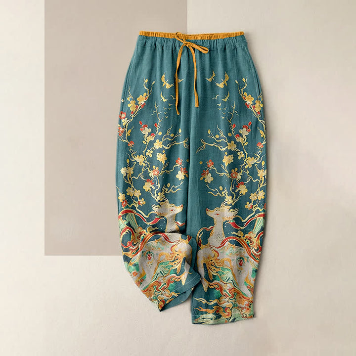 Buddha Stones Pantalon femme en pur coton à cordon de serrage, motif fleurs de prunier et cerf, avec poches - Vert clair - US16，UK/AU20，EU48 (3XL) - image 3
