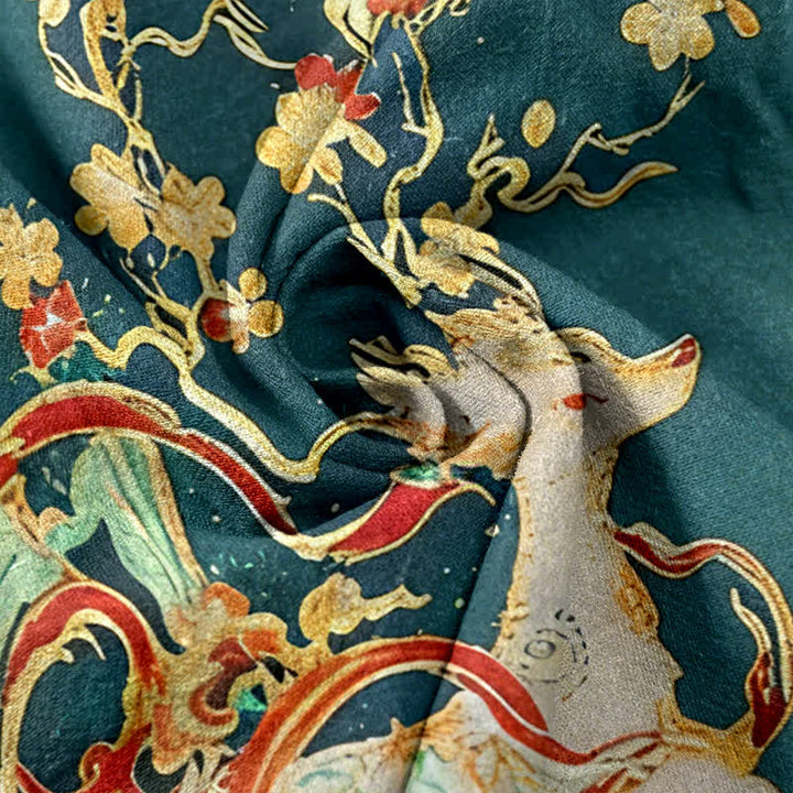 Buddha Stones Pantalon femme en pur coton à cordon de serrage, motif fleurs de prunier et cerf, avec poches - image 5