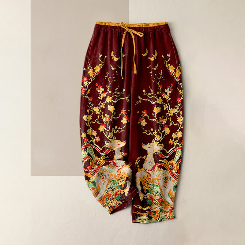 Buddha Stones Pantalon femme en pur coton à cordon de serrage, motif fleurs de prunier et cerf, avec poches - Bordeaux - US16，UK/AU20，EU48 (3XL) - image 6