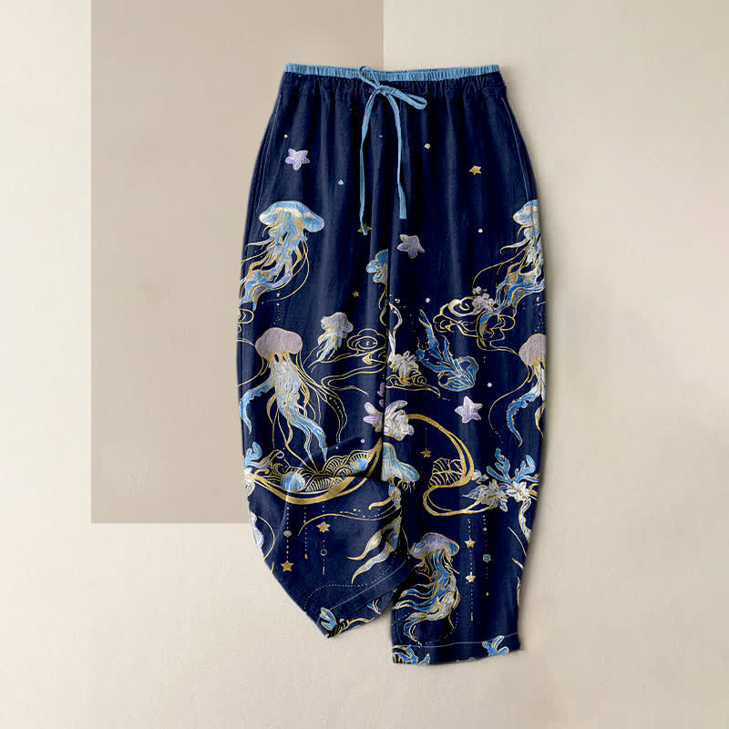 Buddha Stones Pantalon pour femme en pur coton à motif méduse, taille élastique et poches - Marine - US16，UK/AU20，EU48 (3XL) - image 0