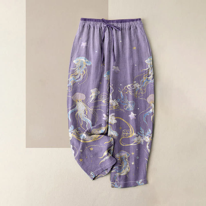 Buddha Stones Pantalon pour femme en pur coton à motif méduse, taille élastique et poches - Orchidée moyenne - US16，UK/AU20，EU48 (3XL) - image 3