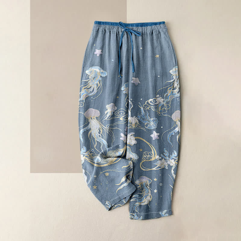 Buddha Stones Pantalon pour femme en pur coton à motif méduse, taille élastique et poches - Bleu acier clair - US16，UK/AU20，EU48 (3XL) - image 6