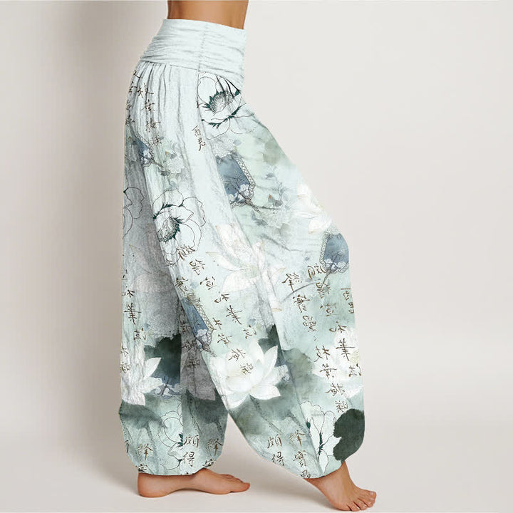 Buddha Stones Pantalon harem pour femme en pur coton avec motif de lotus et calligraphie. - image 2