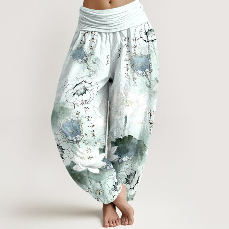 Buddha Stones Pantalon harem pour femme en pur coton avec motif de lotus et calligraphie. - Cyan clair - US16，UK/AU20，EU48 (3XL) - image 0