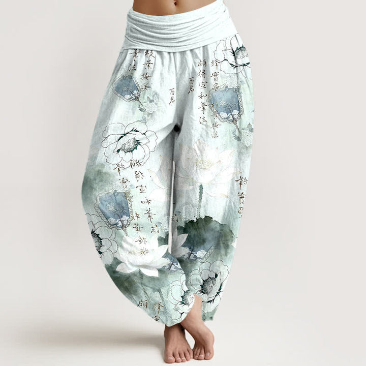 Buddha Stones Pantalon harem pour femme en pur coton avec motif de lotus et calligraphie. - Cyan clair - US16，UK/AU20，EU48 (3XL) - image 0
