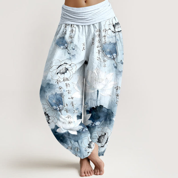 Buddha Stones Pantalon harem pour femme en pur coton avec motif de lotus et calligraphie. - Bleu ciel clair - US16，UK/AU20，EU48 (3XL) - image 5