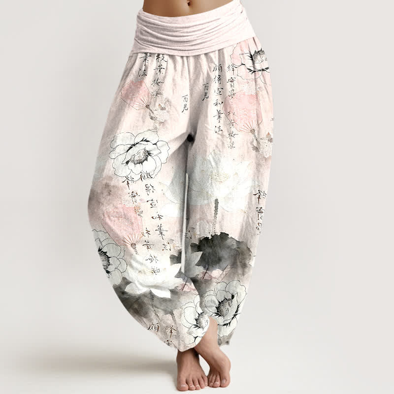 Buddha Stones Pantalon harem pour femme en pur coton avec motif de lotus et calligraphie. - LavandeBlush - US16，UK/AU20，EU48 (3XL) - image 8