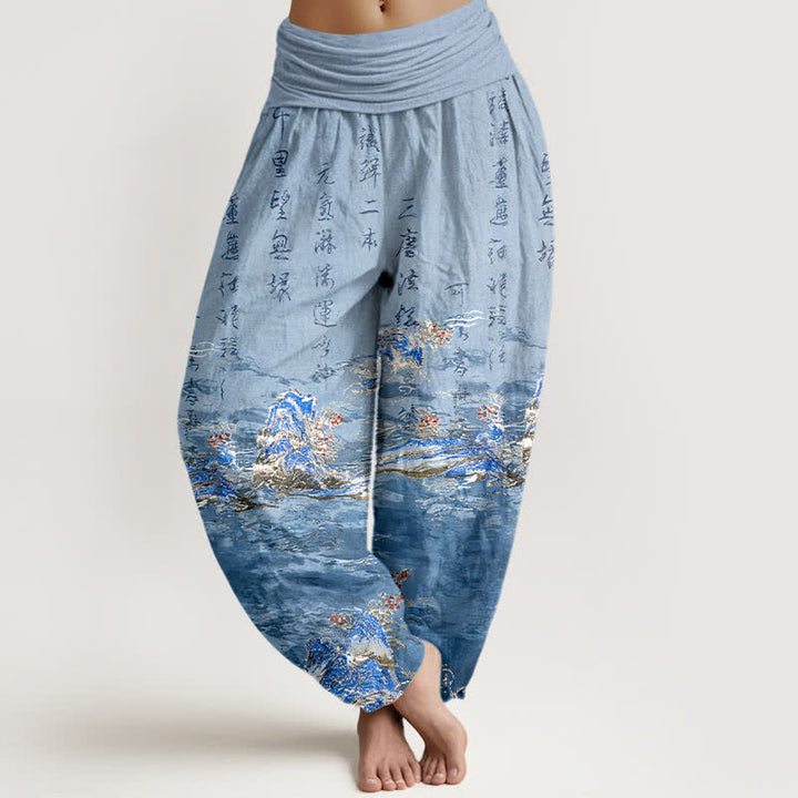 Buddha Stones Pantalon harem taille haute en pur coton à motif calligraphie dégradée - Bleuet - US16，UK/AU20，EU48 (3XL) - image 0