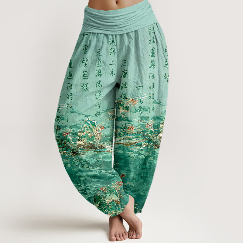 Buddha Stones Pantalon harem taille haute en pur coton à motif calligraphie dégradée - Aigue-marine moyenne - US16，UK/AU20，EU48 (3XL) - image 5