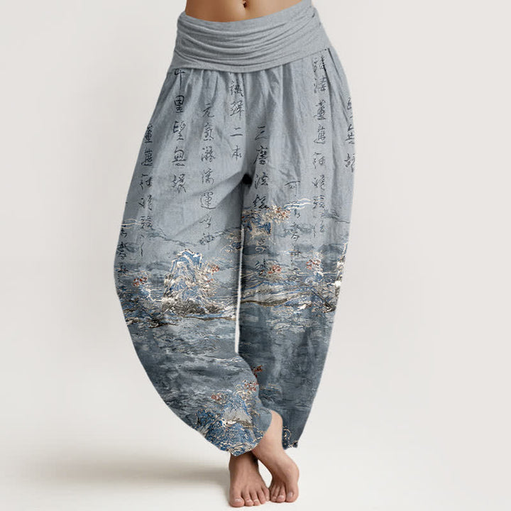 Buddha Stones Pantalon harem taille haute en pur coton à motif calligraphie dégradée - Gris foncé - US16，UK/AU20，EU48 (3XL) - image 8