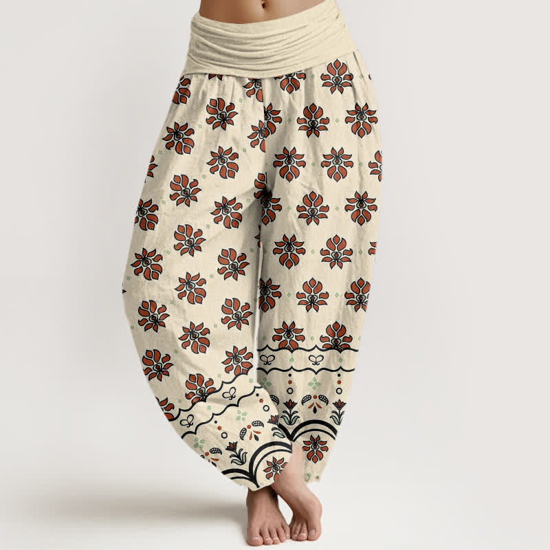 Buddha Stones Pantalon harem taille haute élastique en pur coton à motif floral pour femme - LemonChiffon - US16，UK/AU20，EU48 (3XL) - image 0