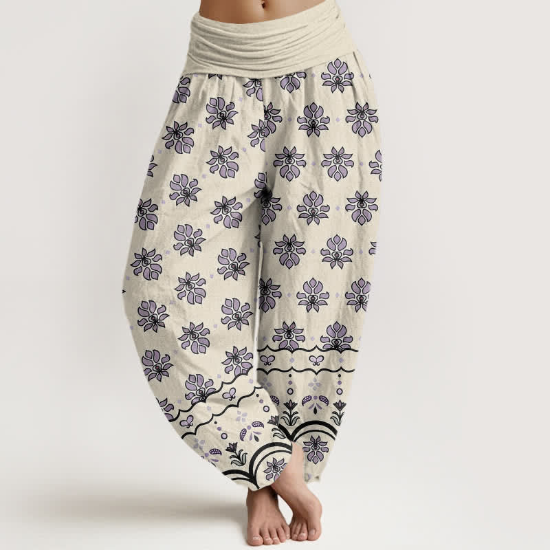 Buddha Stones Pantalon harem taille haute élastique en pur coton à motif floral pour femme - Beige - US16，UK/AU20，EU48 (3XL) - image 5
