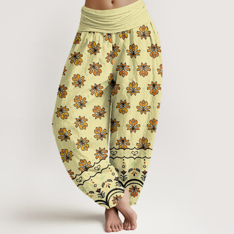 Buddha Stones Pantalon harem taille haute élastique en pur coton à motif floral pour femme - Jaune - US16，UK/AU20，EU48 (3XL) - image 8