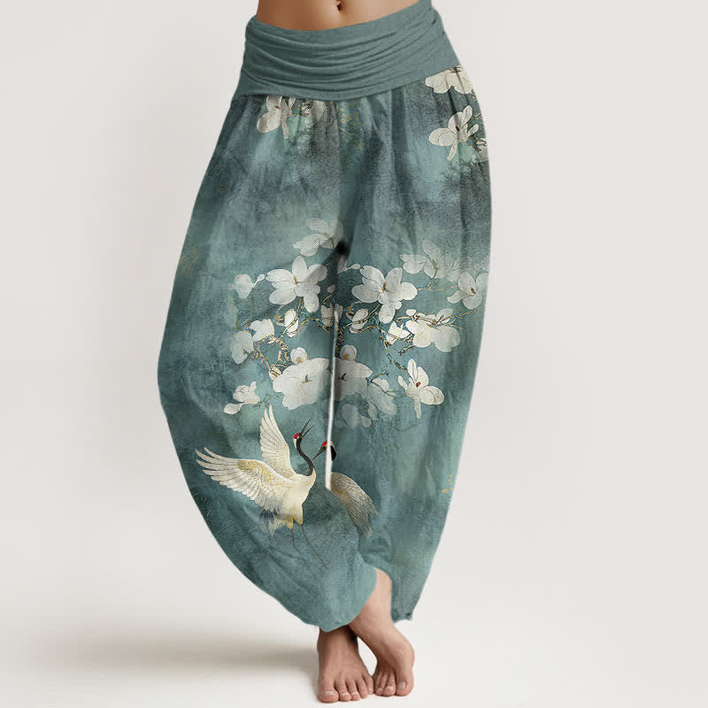 Buddha Stones Pantalon harem taille haute en pur coton à motif de grues et de fleurs - CadetBlue - US16，UK/AU20，EU48 (3XL) - image 0