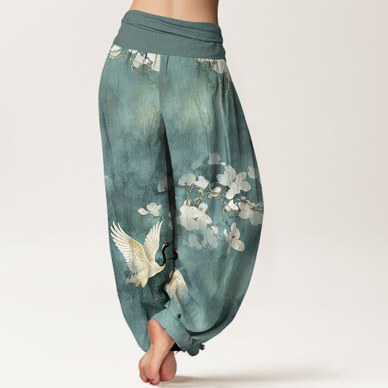 Buddha Stones Pantalon harem taille haute en pur coton à motif de grues et de fleurs - image 1