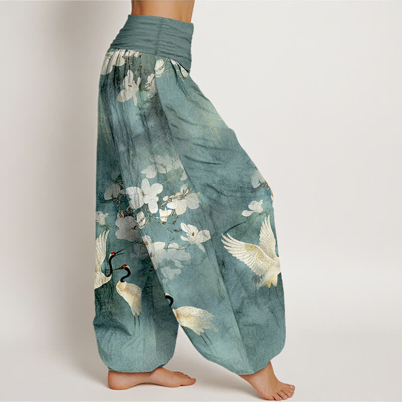 Buddha Stones Pantalon harem taille haute en pur coton à motif de grues et de fleurs - image 2