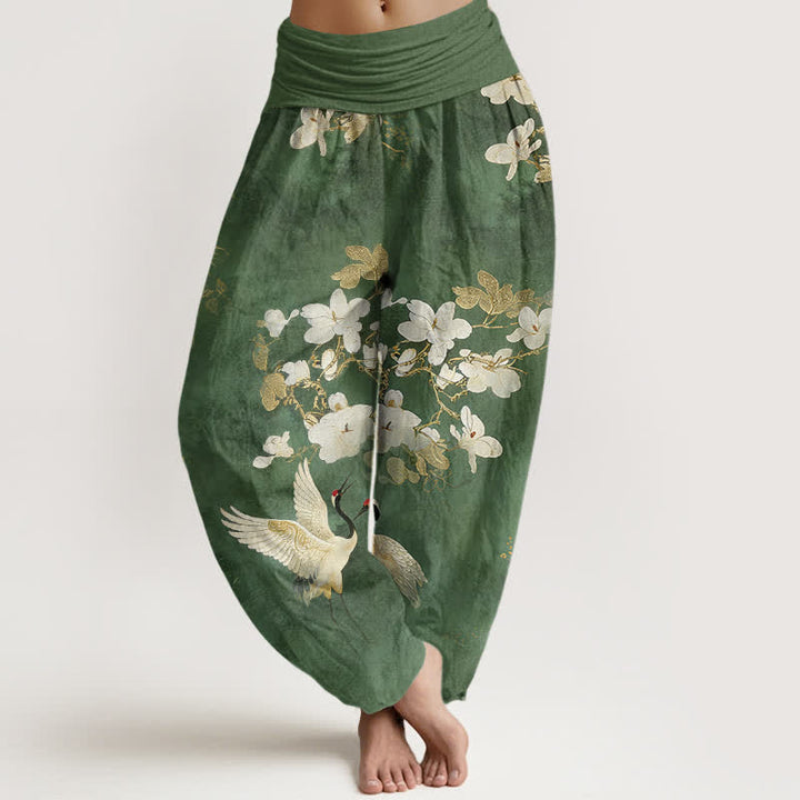 Buddha Stones Pantalon harem taille haute en pur coton à motif de grues et de fleurs - Vert foncé - US16，UK/AU20，EU48 (3XL) - image 5