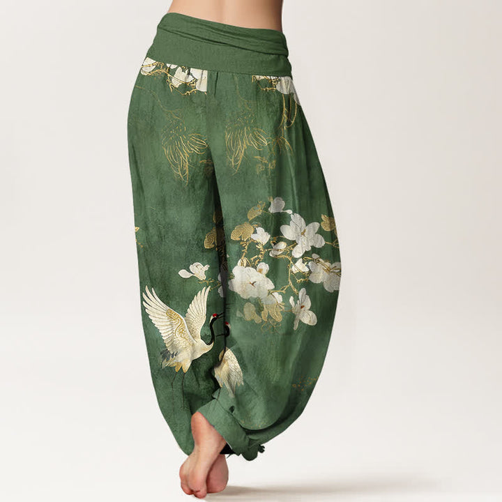 Buddha Stones Pantalon harem taille haute en pur coton à motif de grues et de fleurs - image 6