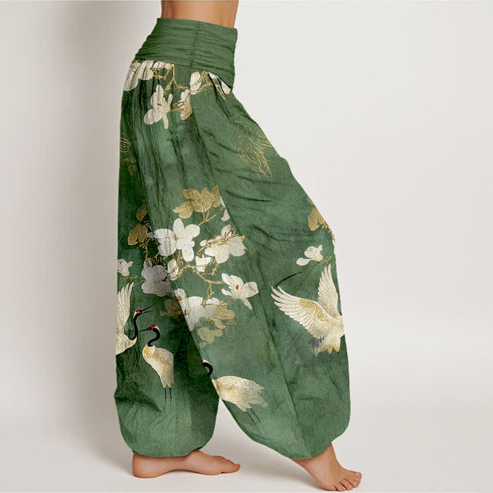 Buddha Stones Pantalon harem taille haute en pur coton à motif de grues et de fleurs - image 7