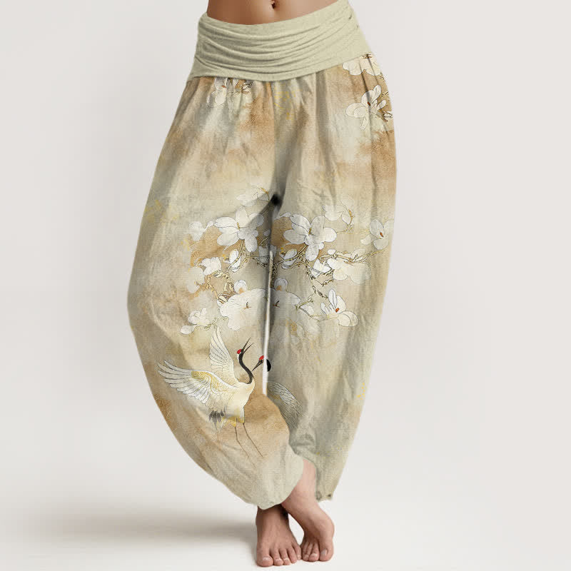 Buddha Stones Pantalon harem taille haute en pur coton à motif de grues et de fleurs - LemonChiffon - US16，UK/AU20，EU48 (3XL) - image 8