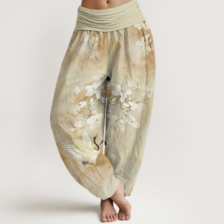Buddha Stones Pantalon harem taille haute en pur coton à motif de grues et de fleurs - LemonChiffon - US16，UK/AU20，EU48 (3XL) - image 8