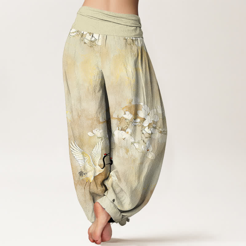 Buddha Stones Pantalon harem taille haute en pur coton à motif de grues et de fleurs - image 9