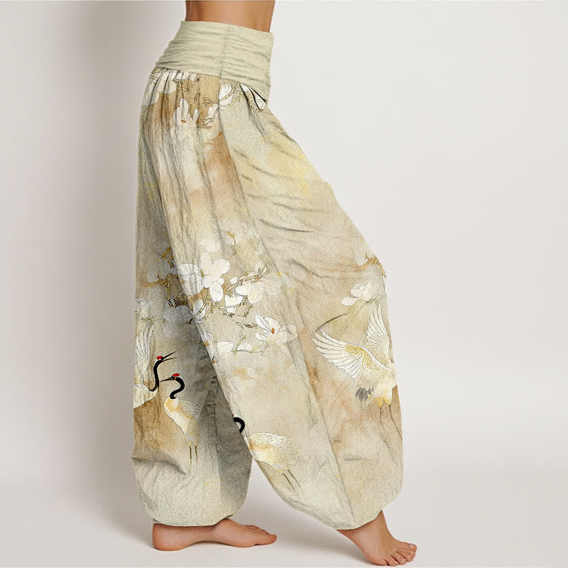 Buddha Stones Pantalon harem taille haute en pur coton à motif de grues et de fleurs - image 10