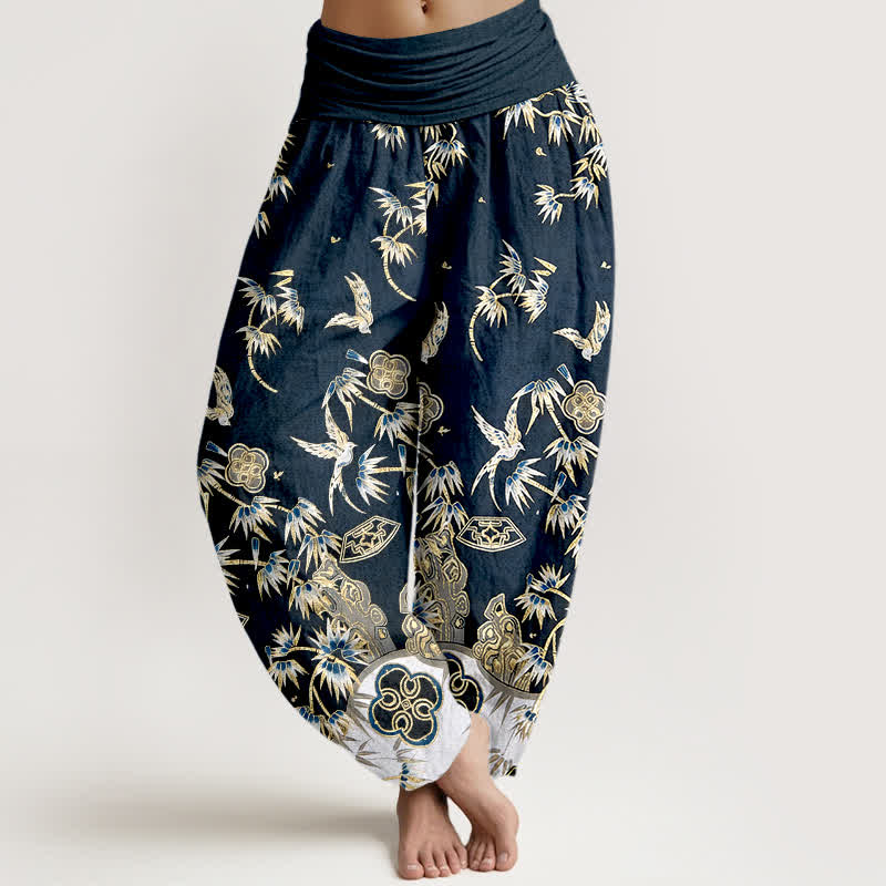 Buddha Stones Pantalon harem taille haute élastique en coton à motif d'oiseaux et de bambou pour femme - Gris ardoise foncé - US16，UK/AU20，EU48 (3XL) - image 0