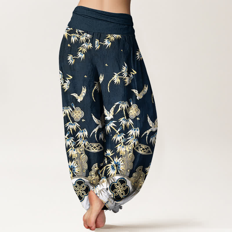 Buddha Stones Pantalon harem taille haute élastique en coton à motif d'oiseaux et de bambou pour femme - image 1