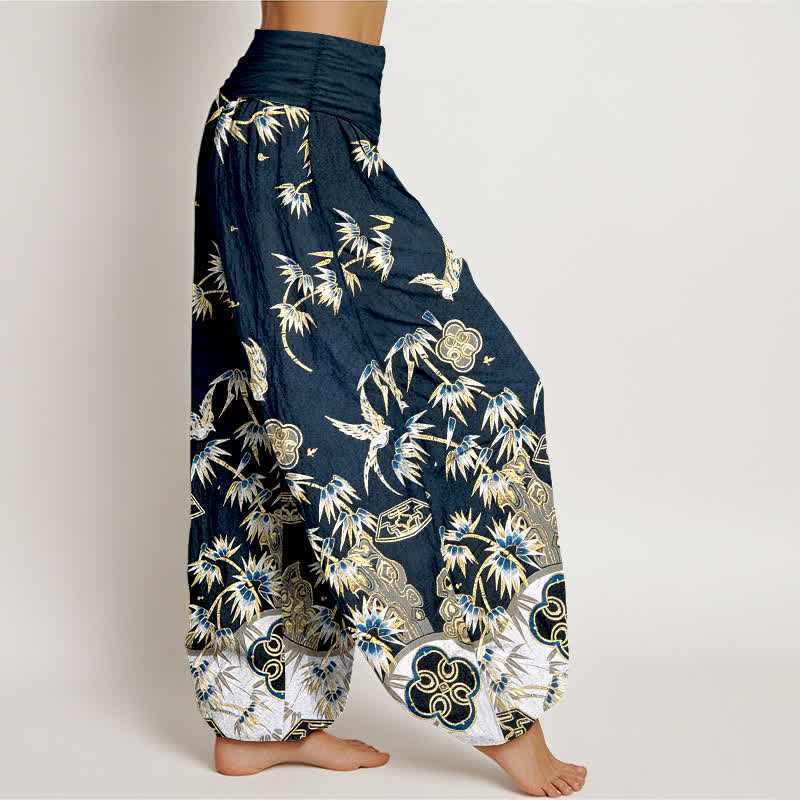 Buddha Stones Pantalon harem taille haute élastique en coton à motif d'oiseaux et de bambou pour femme - image 2