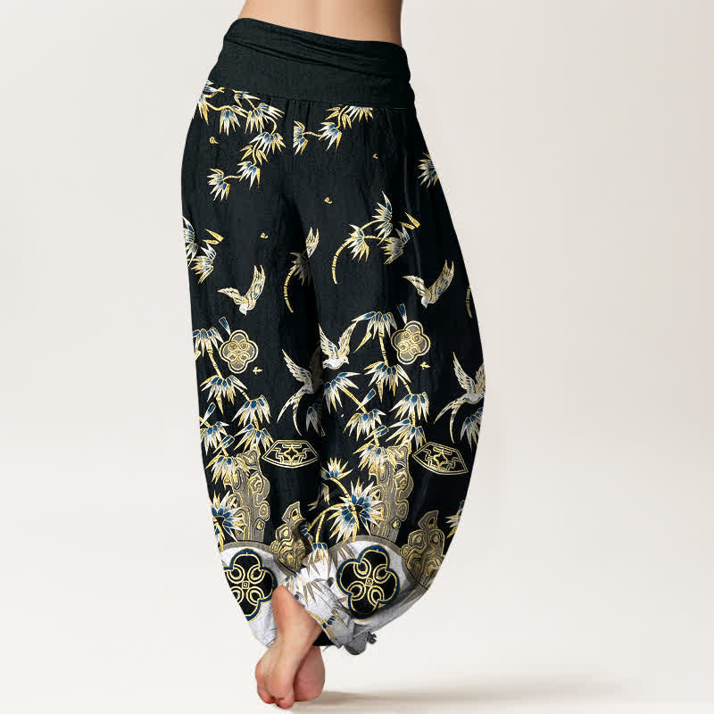 Buddha Stones Pantalon harem taille haute élastique en coton à motif d'oiseaux et de bambou pour femme - Noir - US16，UK/AU20，EU48 (3XL) - image 6