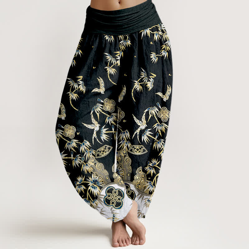 Buddha Stones Pantalon harem taille haute élastique en coton à motif d'oiseaux et de bambou pour femme - image 5