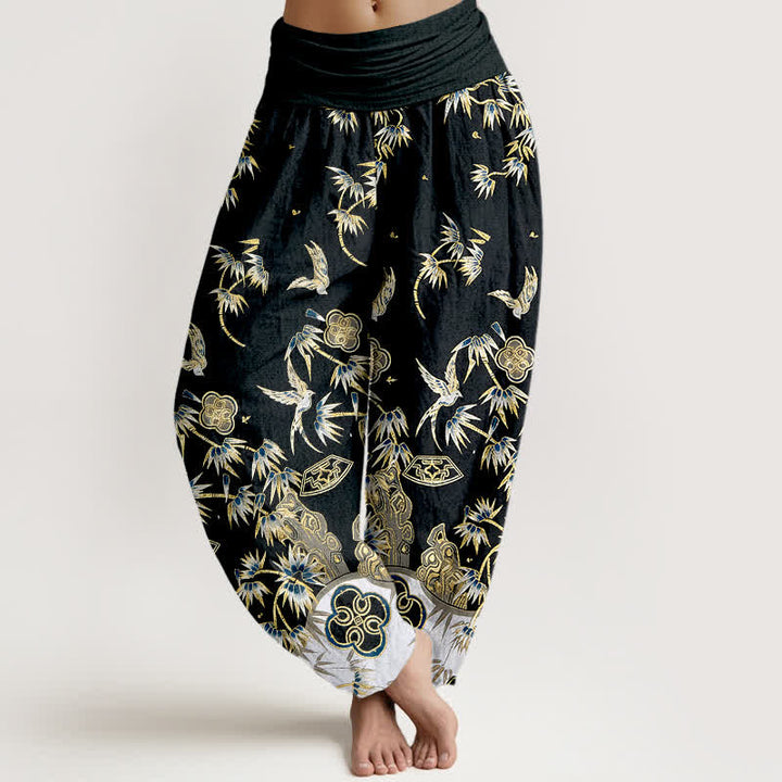 Buddha Stones Pantalon harem taille haute élastique en coton à motif d'oiseaux et de bambou pour femme - image 5
