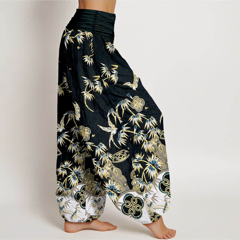 Buddha Stones Pantalon harem taille haute élastique en coton à motif d'oiseaux et de bambou pour femme - image 7