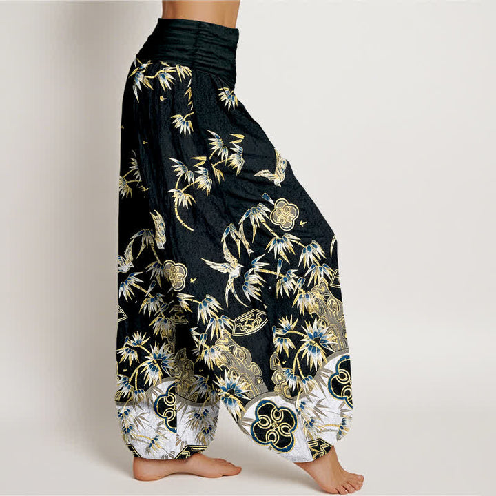 Buddha Stones Pantalon harem taille haute élastique en coton à motif d'oiseaux et de bambou pour femme - image 7
