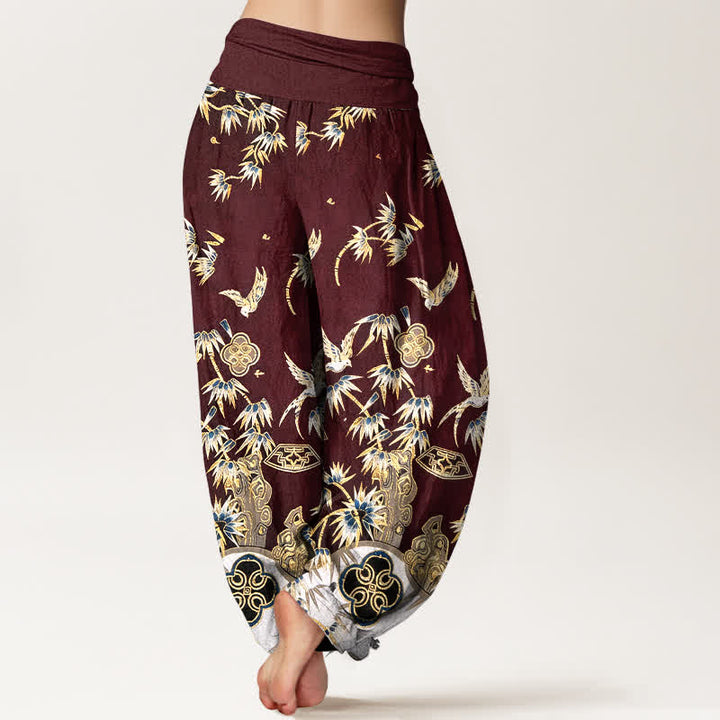 Buddha Stones Pantalon harem taille haute élastique en coton à motif d'oiseaux et de bambou pour femme - image 9