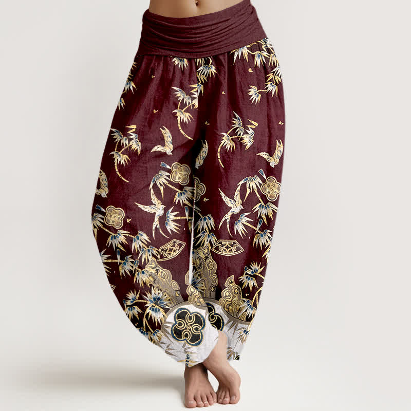 Buddha Stones Pantalon harem taille haute élastique en coton à motif d'oiseaux et de bambou pour femme - Brun - US16，UK/AU20，EU48 (3XL) - image 8
