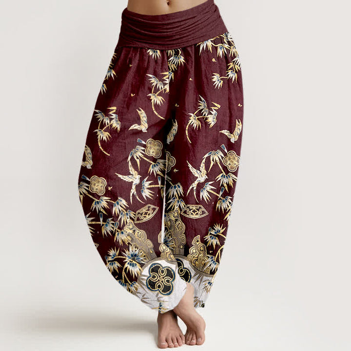 Buddha Stones Pantalon harem taille haute élastique en coton à motif d'oiseaux et de bambou pour femme - Brun - US16，UK/AU20，EU48 (3XL) - image 8