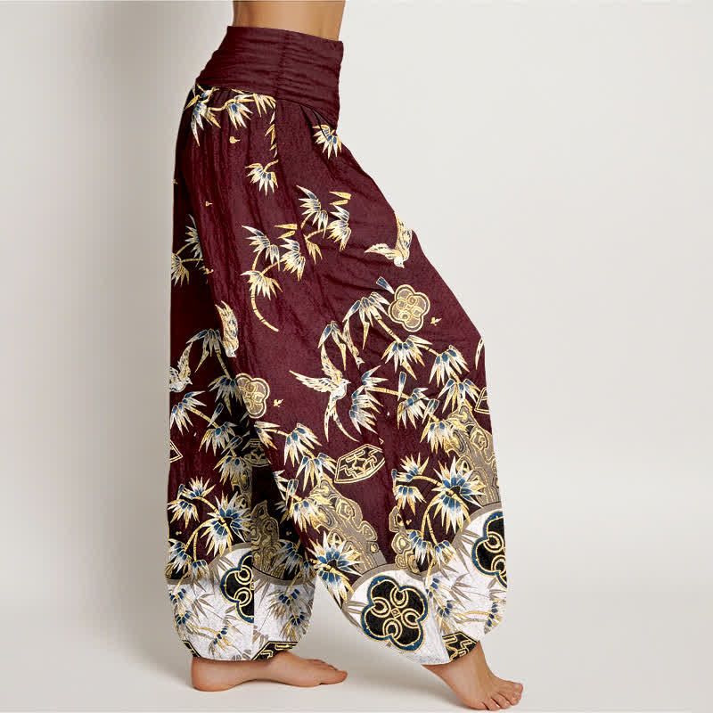 Buddha Stones Pantalon harem taille haute élastique en coton à motif d'oiseaux et de bambou pour femme - image 10