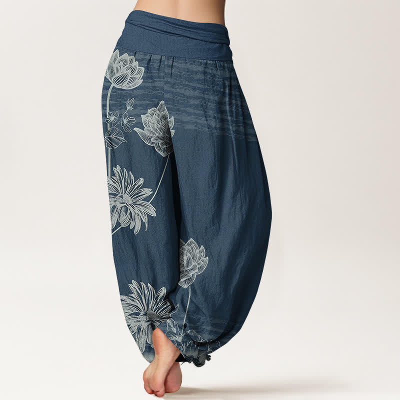 Buddha Stones Pantalon harem en coton taille haute pour femme, motif lotus - image 1