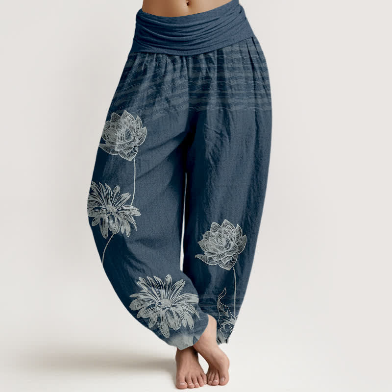 Buddha Stones Pantalon harem en coton taille haute pour femme, motif lotus - Bleu foncé - US16，UK/AU20，EU48 (3XL) - image 0