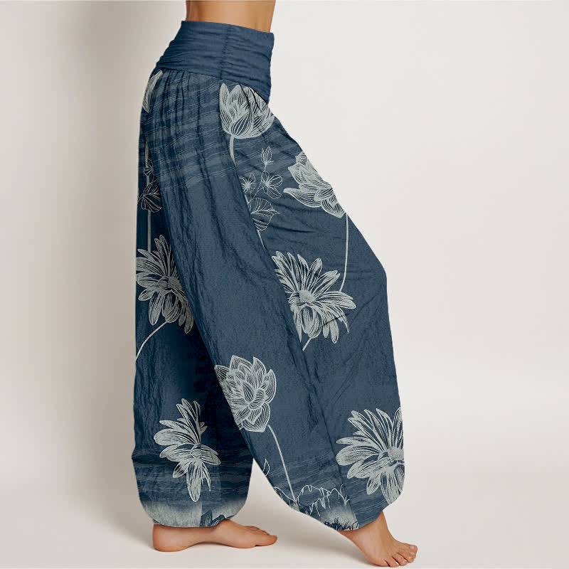 Buddha Stones Pantalon harem en coton taille haute pour femme, motif lotus - image 2