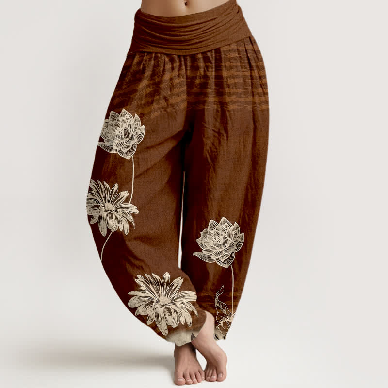 Buddha Stones Pantalon harem en coton taille haute pour femme, motif lotus - SaddleBrown - US16，UK/AU20，EU48 (3XL) - image 5