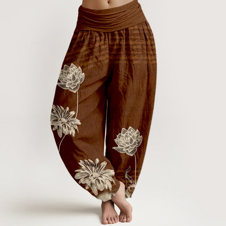 Buddha Stones Pantalon harem en coton taille haute pour femme, motif lotus - SaddleBrown - US16，UK/AU20，EU48 (3XL) - image 5