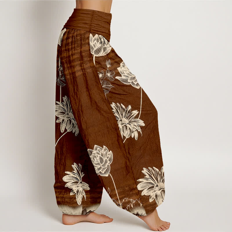 Buddha Stones Pantalon harem en coton taille haute pour femme, motif lotus - image 7