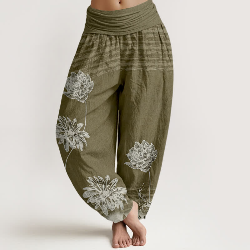 Buddha Stones Pantalon harem en coton taille haute pour femme, motif lotus - Olive - US16，UK/AU20，EU48 (3XL) - image 8